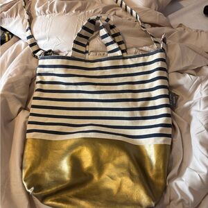 Striped Gold and Navy Tote Bag Baggu x West Elm collab.